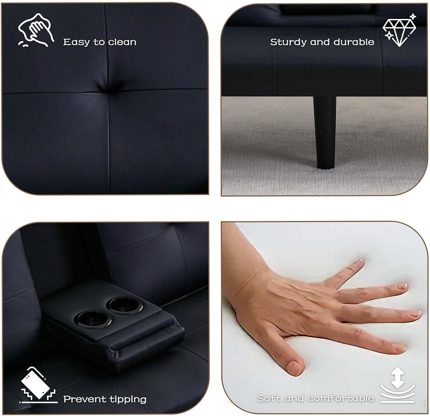 67' Futon Sofa Bed,Convertible Sofa Bed with 2 Cup Holders,Sleeper Couch PVC Leather Removable Soft Armrest Small Couch for Living Room Apartments ﻿ (Black)