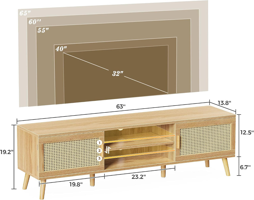 SUPERJARE Boho TV Stand for 75 Inch TV, Entertainment Center with Adjustable Shelf, Rattan TV Console with 2 Cabinets, Media Console, Solid Wood Feet, 4 Cord Holes, for Living Room - Natural