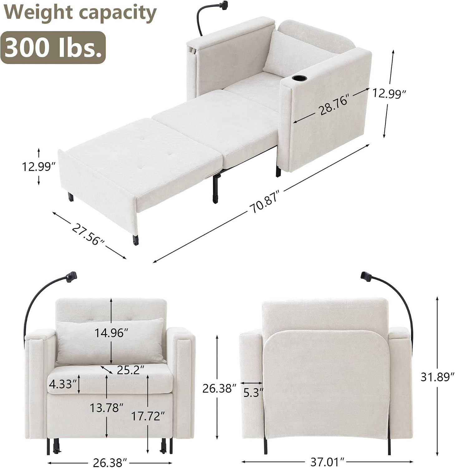 LEVNARY 3-in-1 Convertible Chair Pull Out Bed, Single Sofa Chair Sleeper for Adults with Hidden Side Table, Modern Chenille Fabric Armchair for Bedroom Dorm Home Office (Beige)