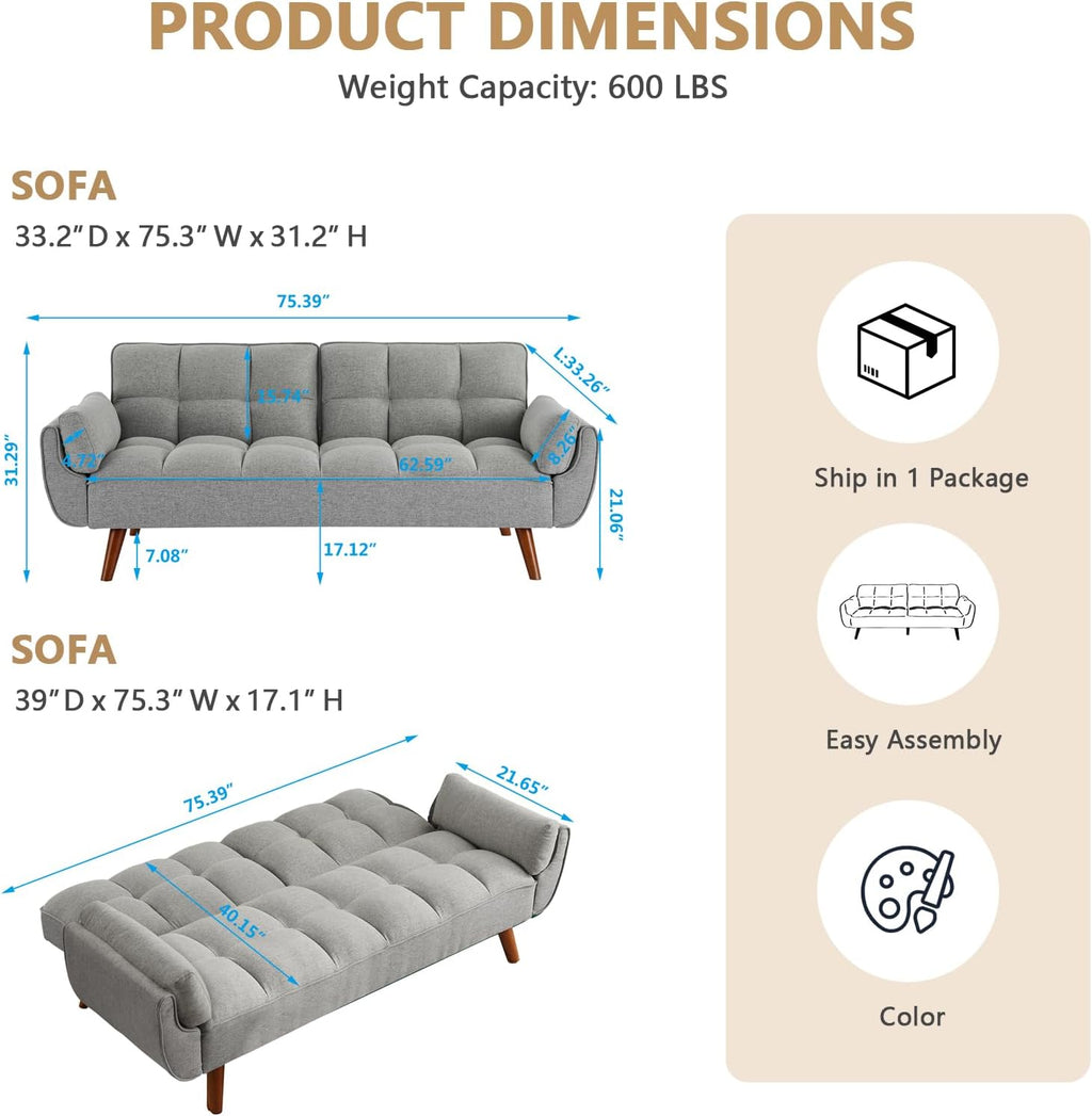75' Convertible Futon Sofa Bed, Sleeper Couch Bed with Adjustable Backrest, Small Couches for Small Spaces, Living Room, Bedroom and Office (Gray)