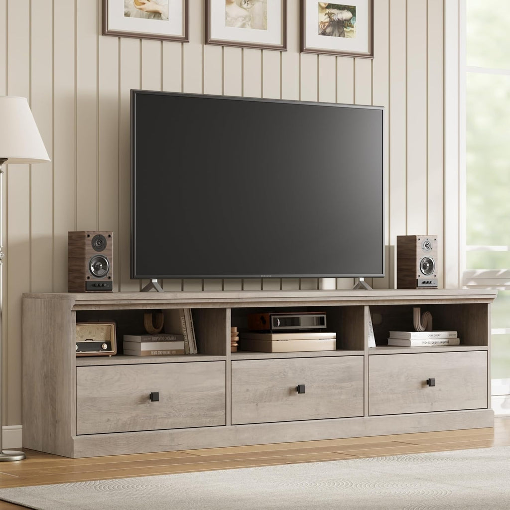 GarveeHome TV Stand for 65/70/75 in TV, Entertainment Center with Storage Drawer, Mid-Century Modern TV Console with Open Shelves, 70 in Media TV Cabinet for Living Room, Bedroom, Gray