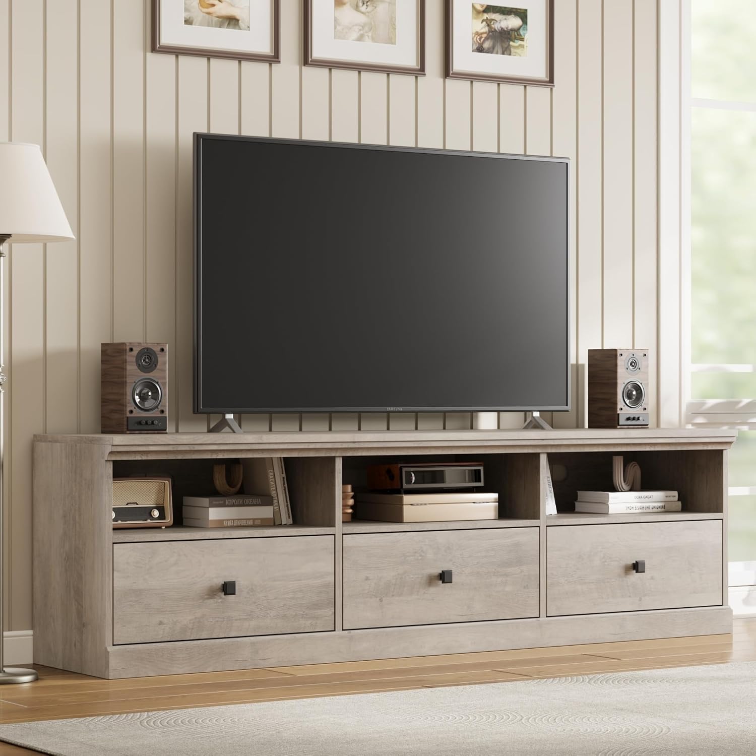 GarveeHome TV Stand for 65/70/75 in TV, Entertainment Center with Storage Drawer, Mid-Century Modern TV Console with Open Shelves, 70 in Media TV Cabinet for Living Room, Bedroom, Gray