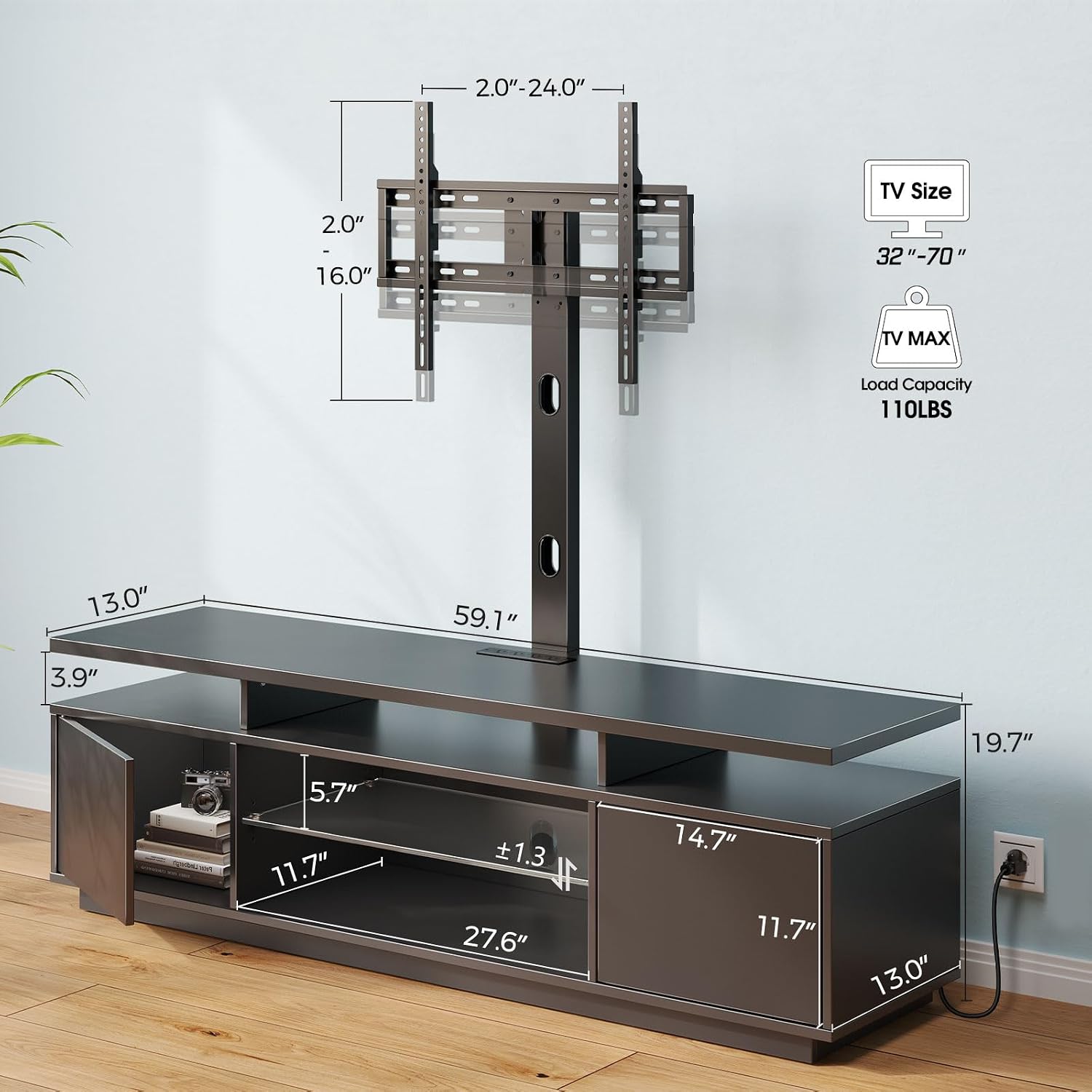 Rolanstar TV Stand with Mount and Power Outlet 59.1', Swivel TV Stand Mount for 32/45/55/60/65/70 inch TVs, Height Adjustable Modern Entertainment Center with Storage & LED Lights, Black TV Table
