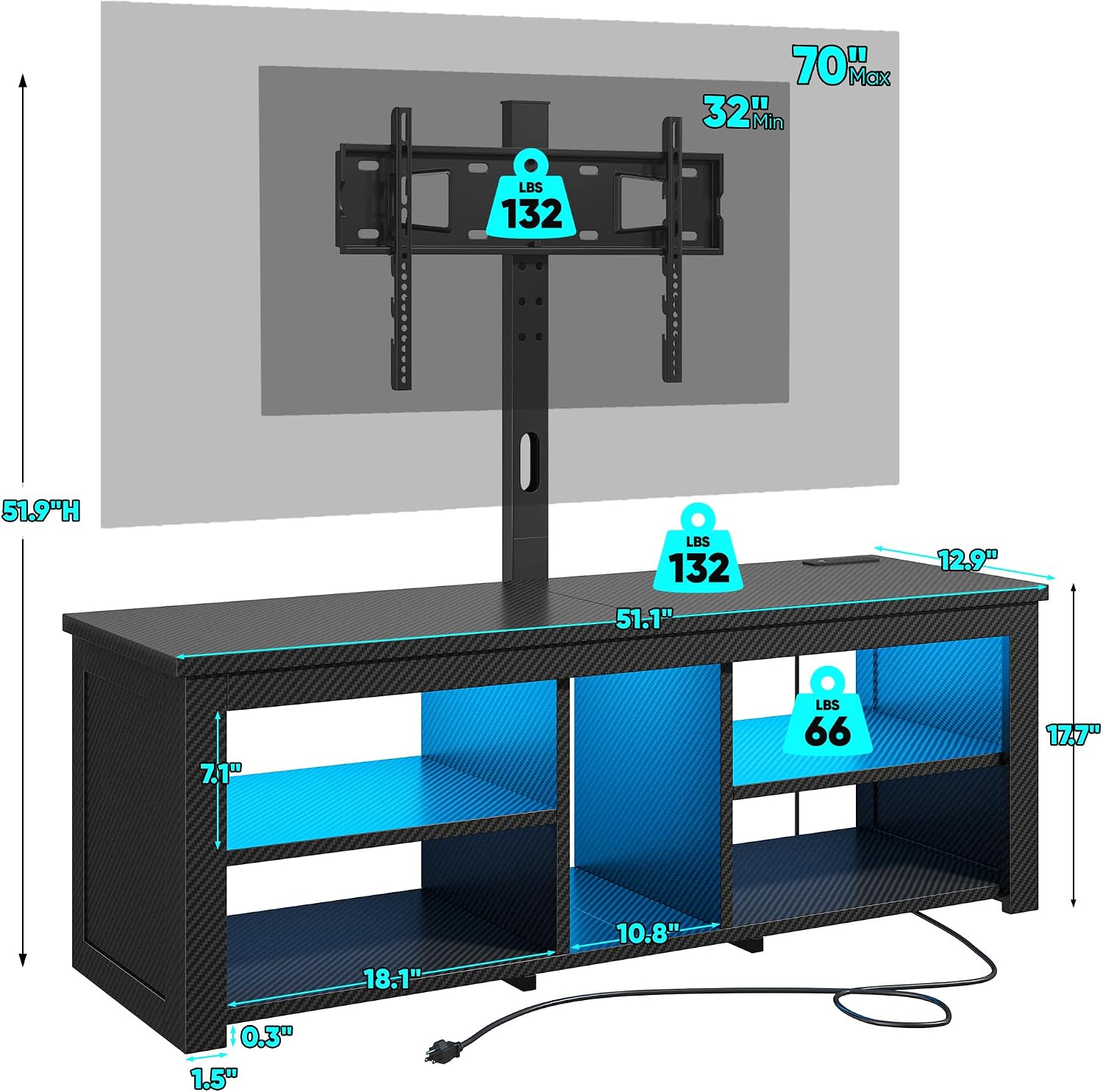 TV Stand with Mount for 55/65 Inch TVs,Wood TV Stands for Living Room with Power Outlet & LED Entertainment Center Gaming Console for Bedroom, Height Adjustable Swivel TV Mount, Carbon Fiber Black