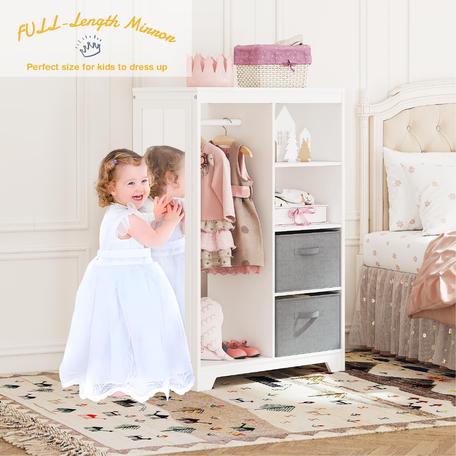 UTEX Kids Dress Up Storage with Full Length Mirror, Kids Armoire with 2 Storage Bins, Opening Hanging Costume Closet Wardrobe, Pretend Storage Closet Armoire Dresser