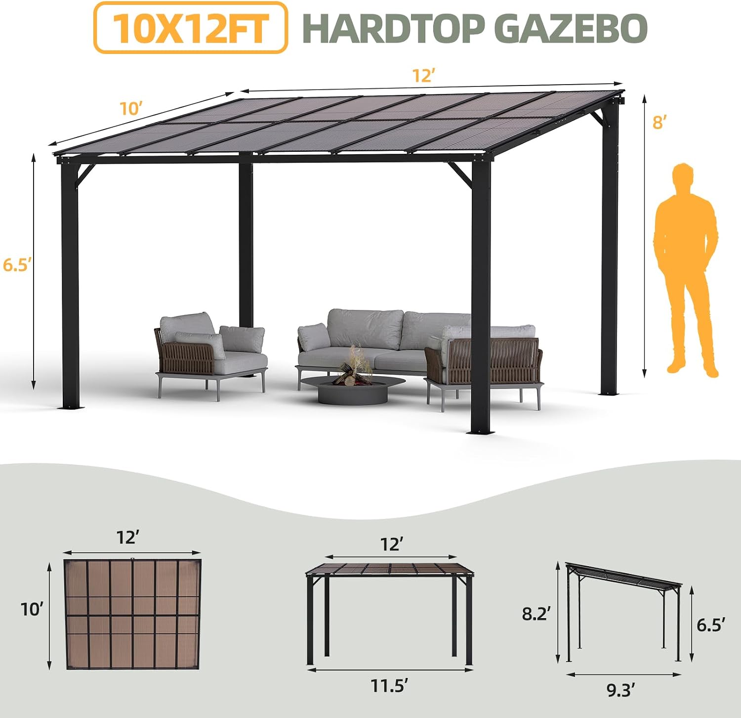 10'×12' Patio Gazebo with Waterproof Fuzzy Strip, Innovative Base Support Pergola, Wall Mounted Gazebo for Backyard, Decks, Garden