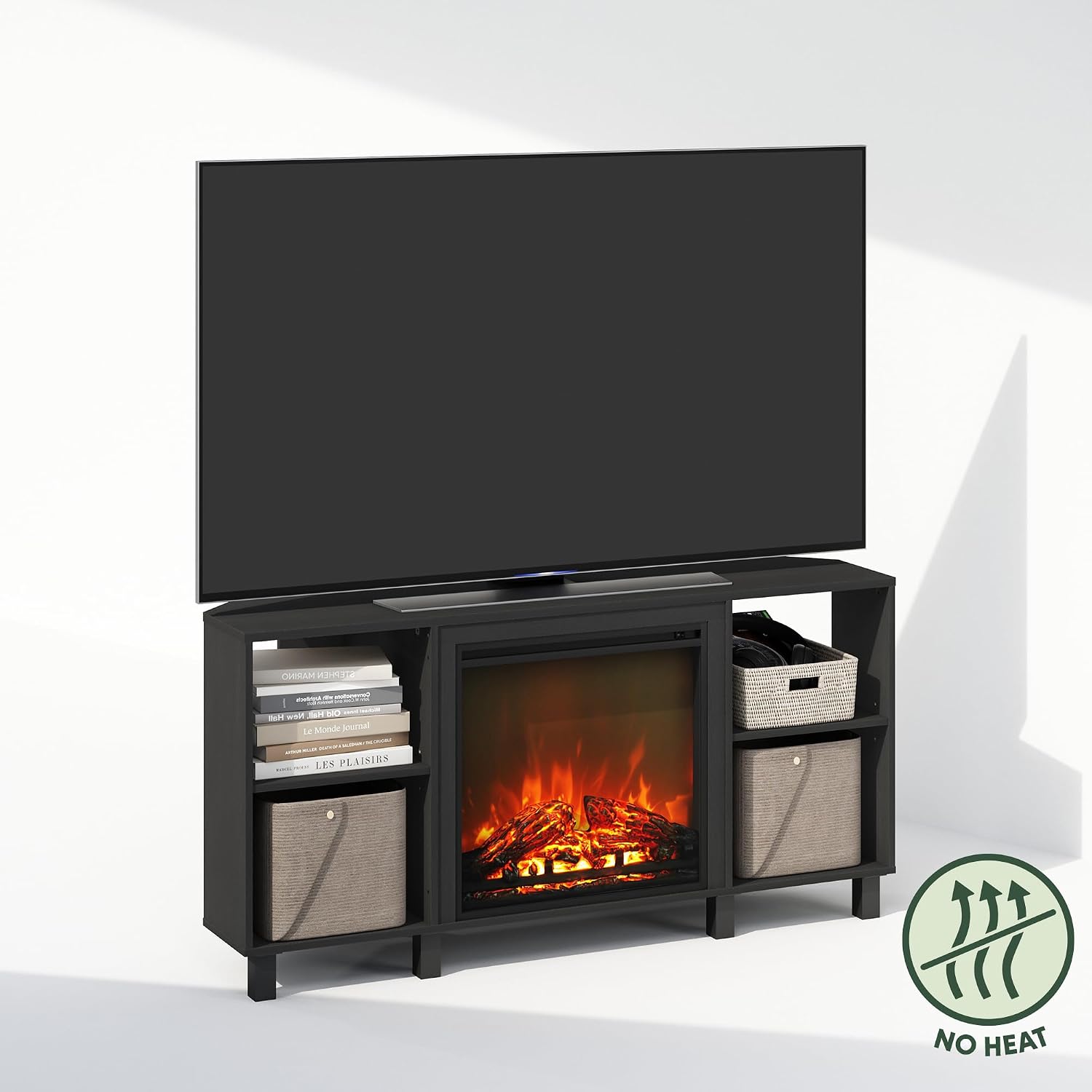 Furinno Jensen Fireplace TV Stand, NO Heat Decorative Electric Fireplace Corner TV Stand for TV up to 55 Inch, with 4 Open Shelves, for Living Room, Americano