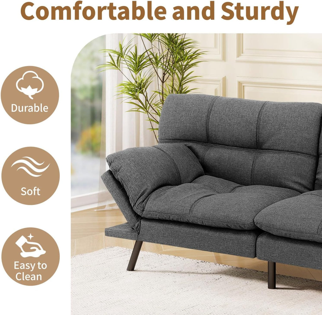 MUUEGM Futon Sofa Bed, 71' Convertible Memory Foam Sofa Couch with Adjustable Backrest & Armrests, Modern Upholstered Sleeper Couch for Small Spaces, Living Room & Apartment, Linen Fabric, Dark Gray