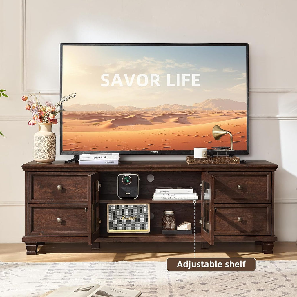 SAVOR LIFE Farmhouse TV Stands for Living Room, Brown Entertainment Center with Storage, Wood TV Console with 4 Drawers, Rustic TV Cabinet for 65 inch TV, Walnut