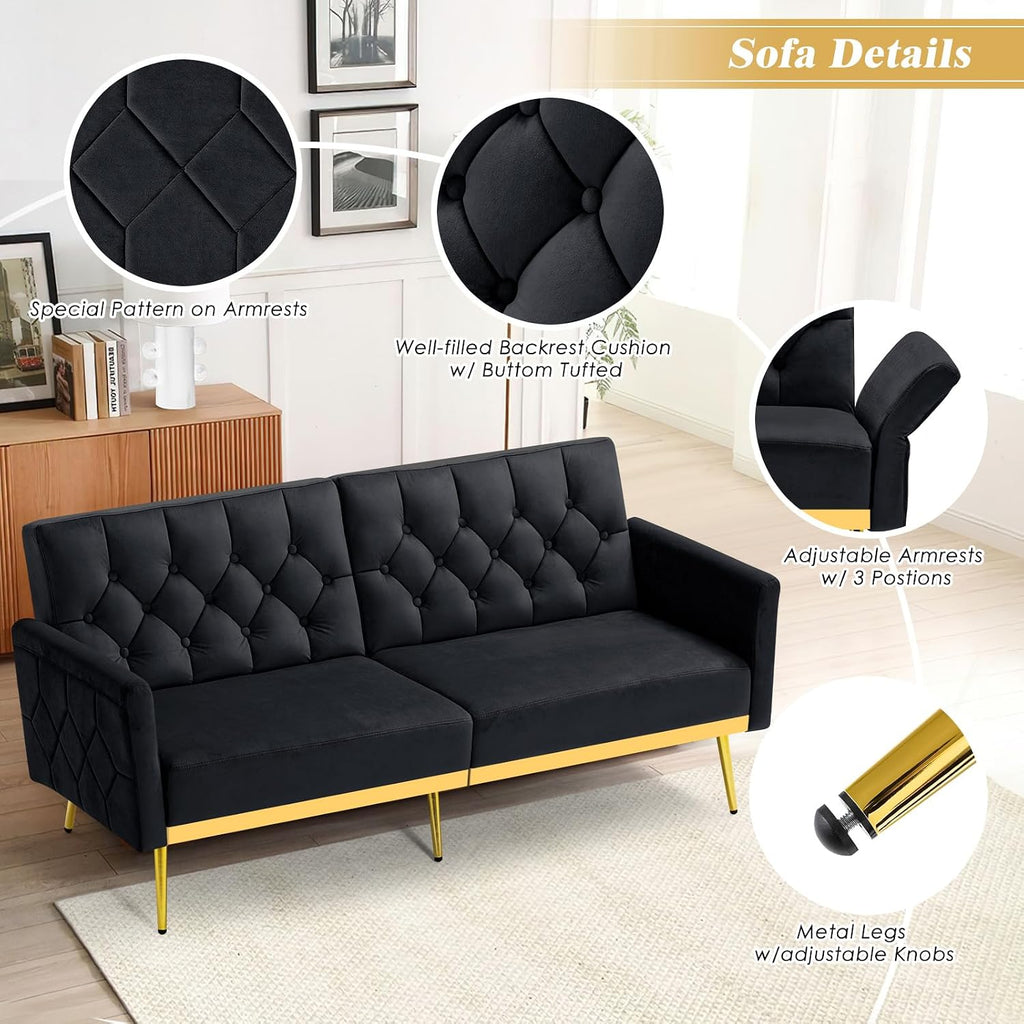 2 Pieces Velvet Sofa Set w/Adjustable Armrests and Backrests, Tufted Accent Chair w/Ottoman, Convertible Futon Sofa Bed for Bedroom, Living Room, Apartment, Black