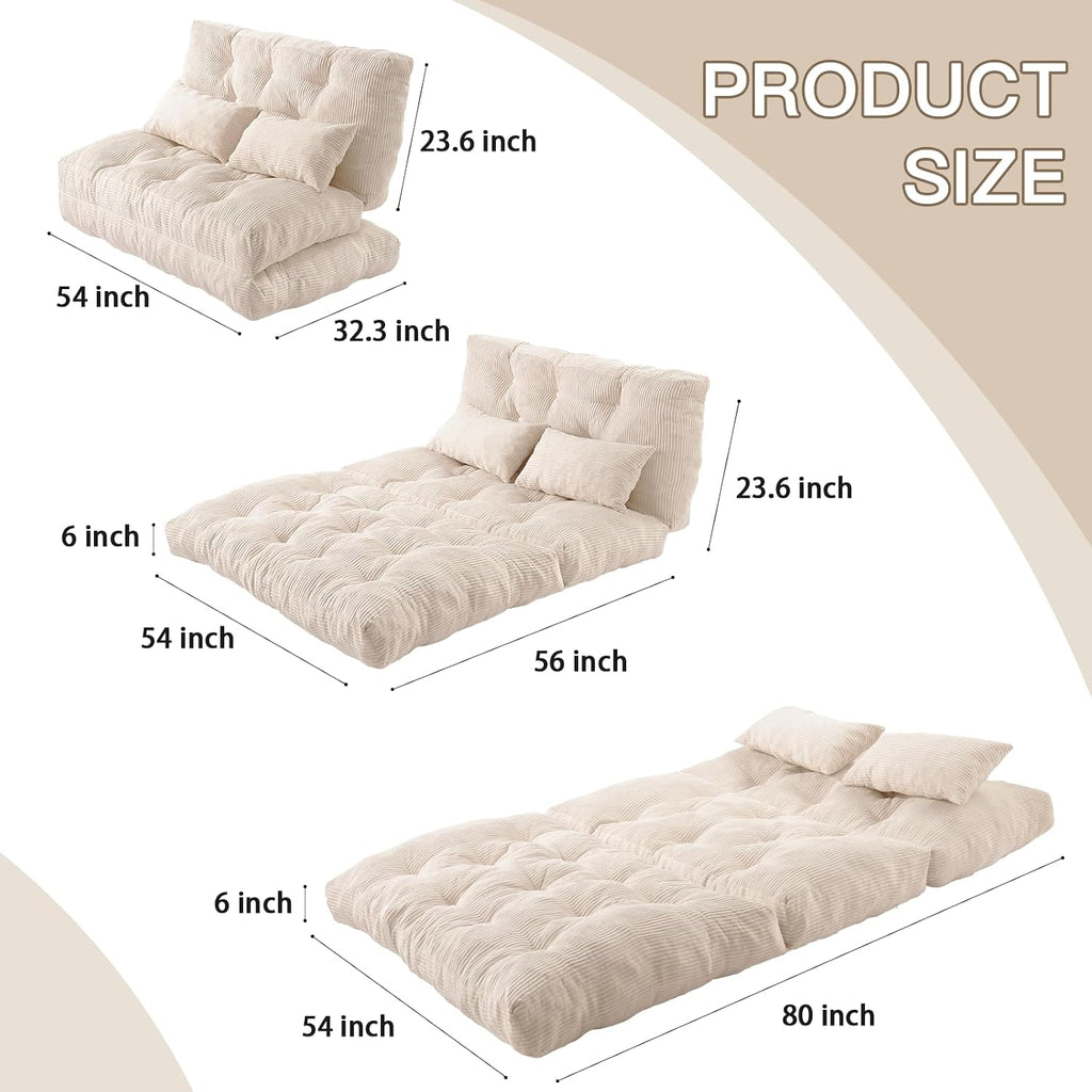 Folding Sofa Bed, Convertible Sleeper Chair with Pillow Foldable Mattress with Back Support, Portable Fold Out Chair Bed Comfy Floor Sofa Lounge for Living Room Bedroom, Beige Full 80x54 Inch