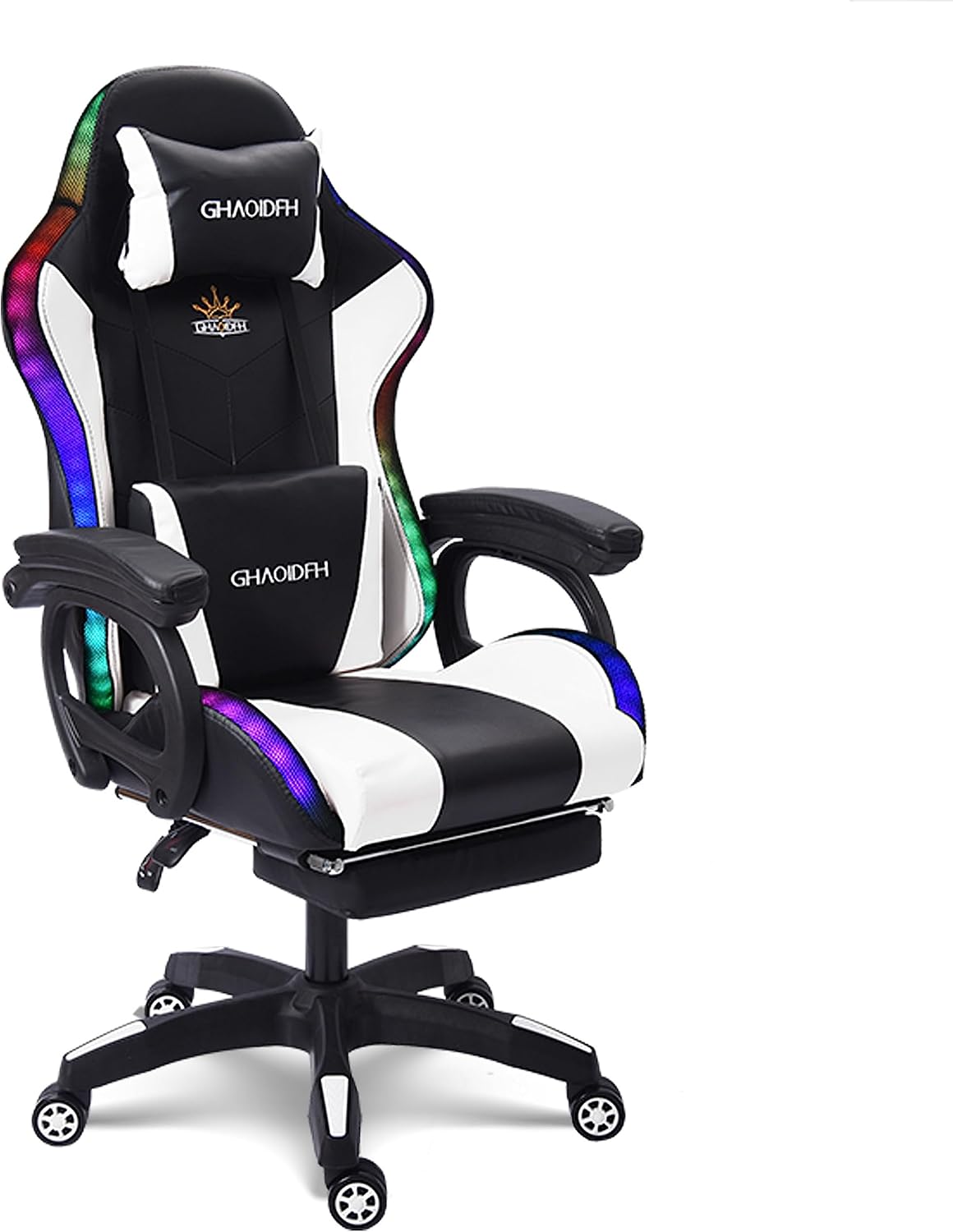 RGB Gaming Chair - Ergonomic Design with Massage, Footrest, and Integrated Speakers - Swivel Reclining PU Leather Gaming Chair with Lumbar Support - High-Back Racing Gaming Chair.,White