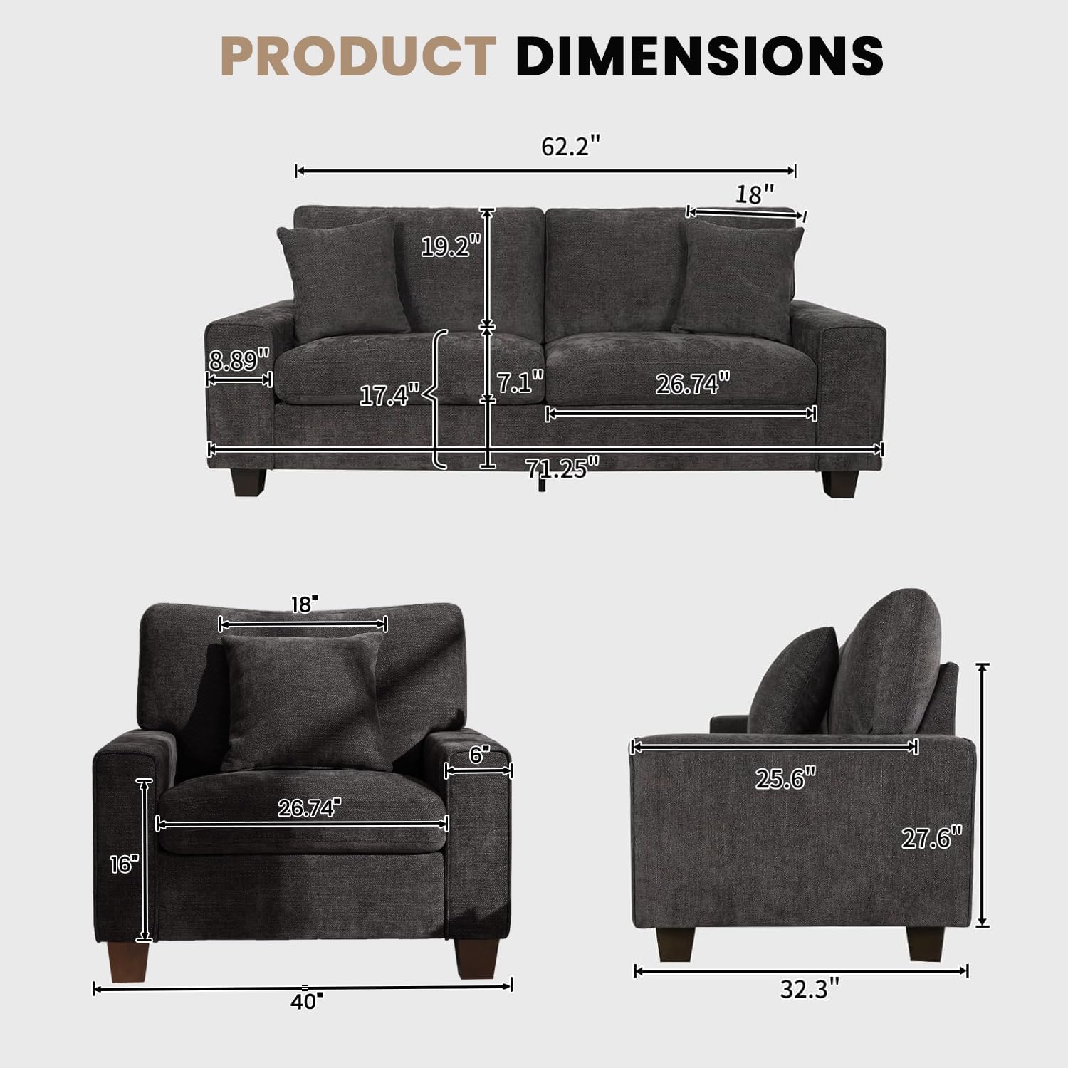 DOPEDIO Modern Living Room Sofa Set, 71.25' Chenille Loveseat with 2 Accent Chairs, Removable Covers, Spring Cushions, Solid Wood Frame, Easy Assembly（71.25inch+2 Single,Dark Grey）
