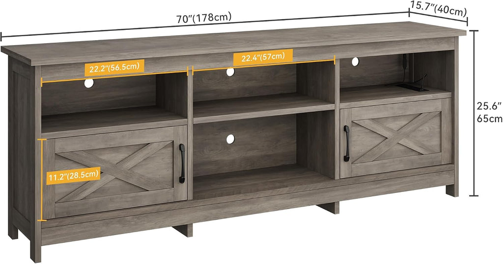 DWVO Farmhouse TV Stand with Power Outlets & LED Lights, Entertainment Center for TVs up to 80', TV Console with Storage Cabinets & Open Shelves for Living Room (Washed Grey)