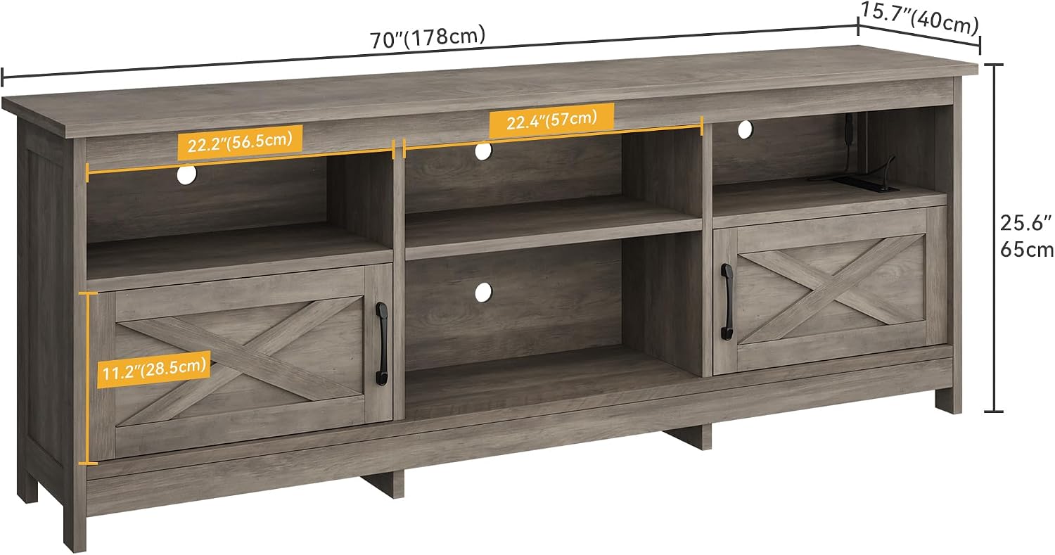 DWVO Farmhouse TV Stand with Power Outlets & LED Lights, Entertainment Center for TVs up to 80', TV Console with Storage Cabinets & Open Shelves for Living Room (Washed Grey)