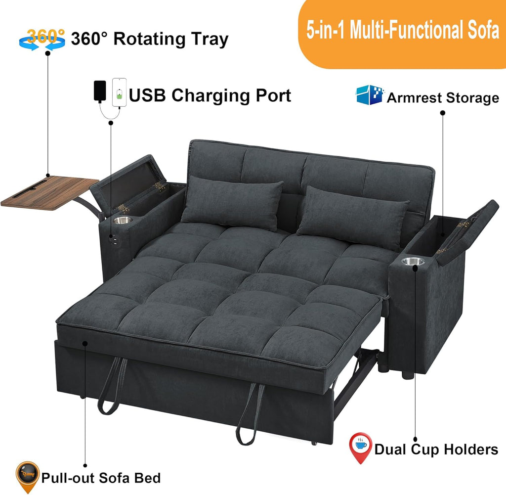 hansones 66' Multi-Functional Pull-Out Sofa Bed with Hidden Side Table, Storage Armrests, Built-in Charging Port, Spring Mattress, Solid Wood Frame – Ideal for Small Spaces, Easy Assembly