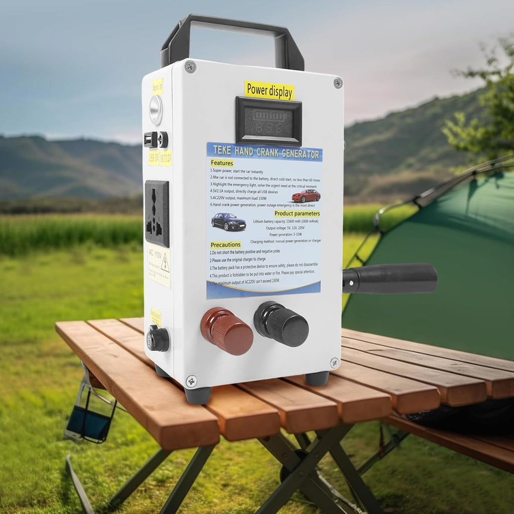 150W Hand Crank Manual Generator, Portable Power Station with USB/Vehicle Charging, Small Inverter Generator Emergency Power Supply for Home, Camping, Outdoor Survival, Mobile Devices
