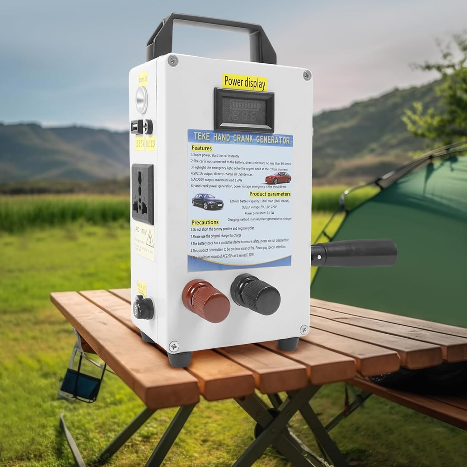 150W Hand Crank Manual Generator, Portable Power Station with USB/Vehicle Charging, Small Inverter Generator Emergency Power Supply for Home, Camping, Outdoor Survival, Mobile Devices
