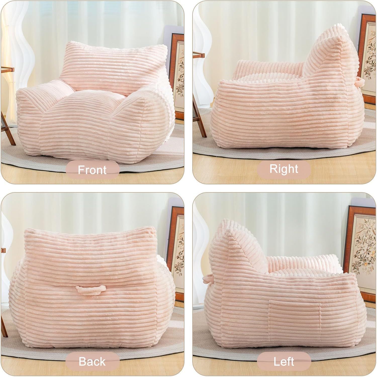 Bean Bag Chair for Adults, Comfy Corduroy Beanbag with Armrests, Lazy Sofa Floor Chair for Living Room, Bedroom, Dorm & Lounge, Cozy Fluffy Single Mini Couch (Pink)