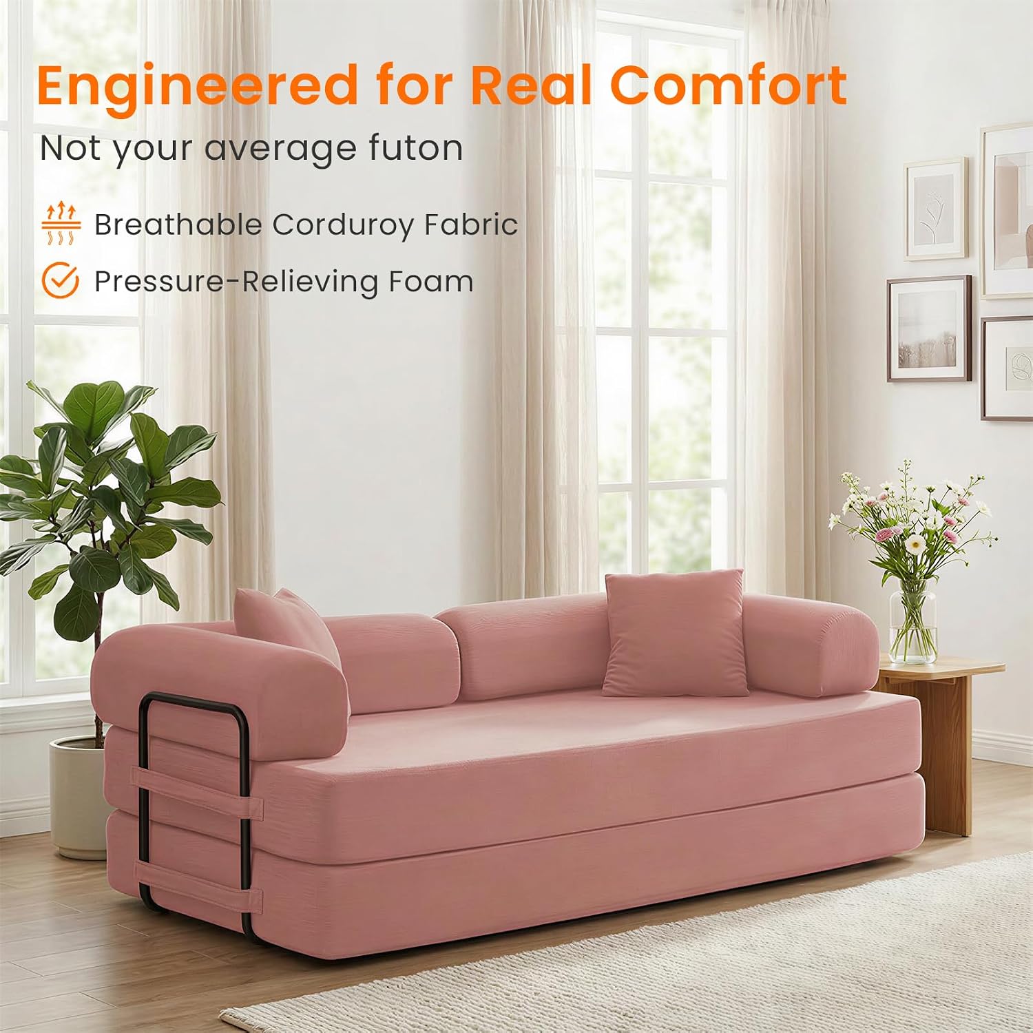 ijuicy 4-in-1 King Convertible Floor Sofa Bed w/ 2 Pillow,Modular Sleeper Sofa/Folding Futon Couch Bed w/Cylindrical Backrest and Fixed Frame,Lounge Couch,Corduroy Compression Sofas for Home-Pink