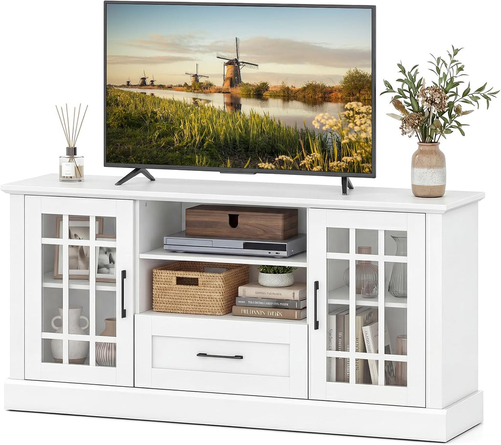 Giantex Farmhouse TV Stand for 65/70 Inch TV, Tall Entertainment Center with Storage Cabinets, Glass Doors, Drawer, Removable Shelves, Media TV Console Table for Living Room, Bedroom (White)