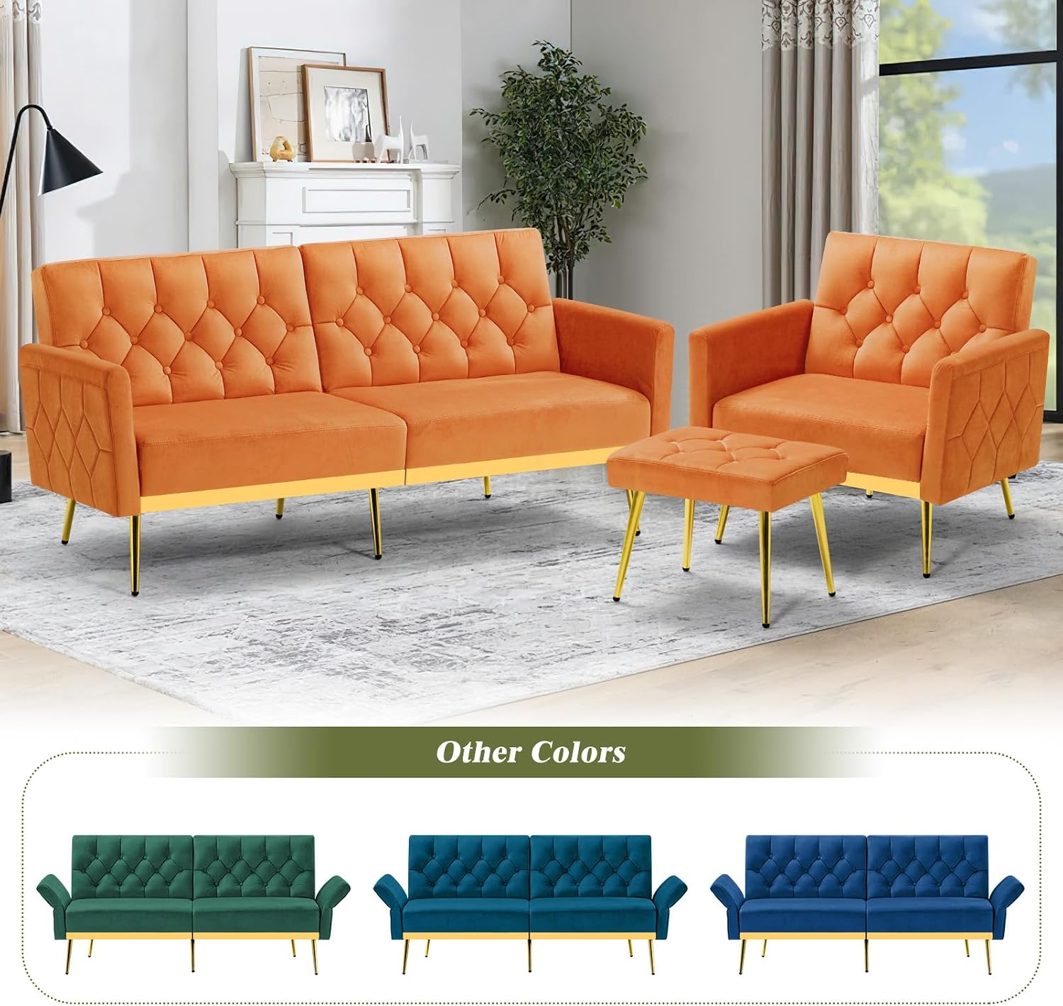 Velvet Sofa Bed w/Adjustable Armrests and Backrests, Modern Convertible Sleeper Sofa, Tufted Futon Sofa for Bedroom, Living Room, Apartment, Orange