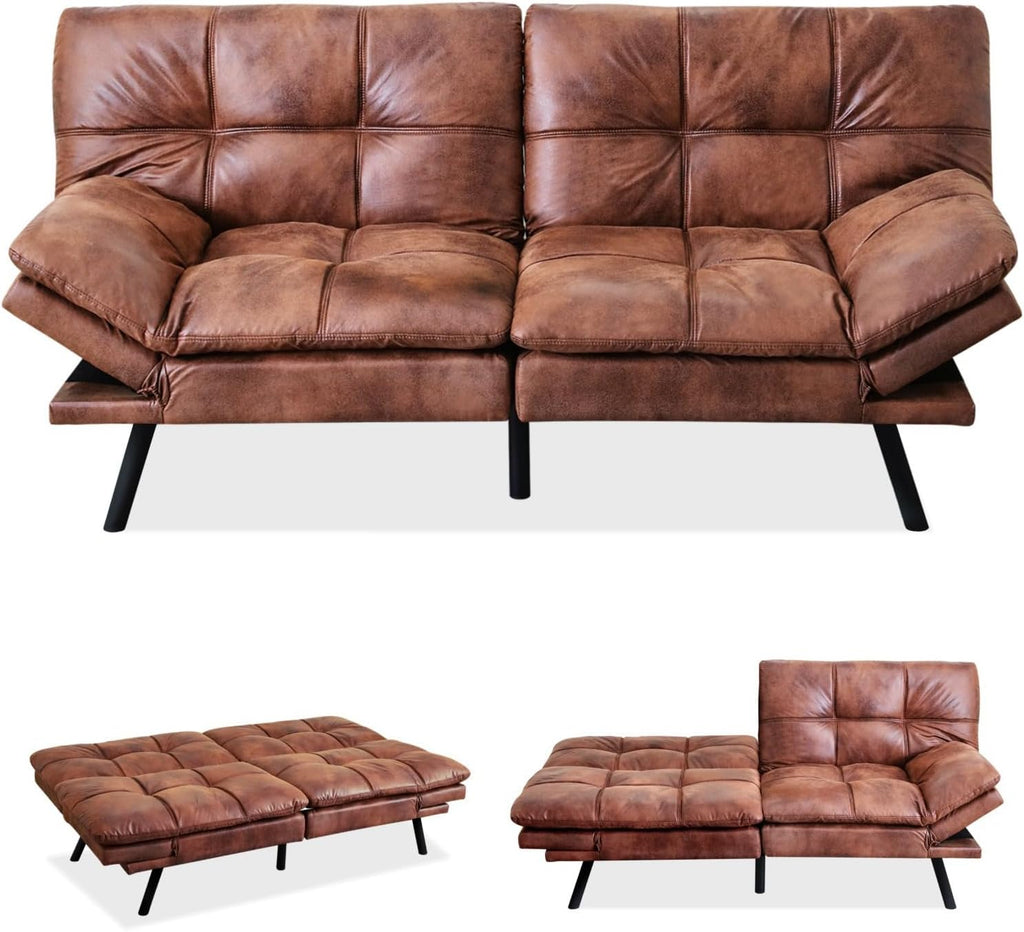 MUUEGM Brown Futon Sofa Bed Leather Memory Foam Modern Office Couch Sleeper Bed Convertible Love seat Sofa for Small Spaces,Apartment,Office with Adjustable Armrest Backrest