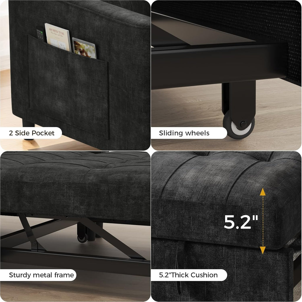 KKL 3 in 1 Convertible Sleeper Sofa Bed, Small Pull Out Couch Bed with Adjustable Backrest, Chenille Little Loveseat Couches with Side Pocket, Futon Sofa Beds Couch for Living Room, Bedroom (Black)