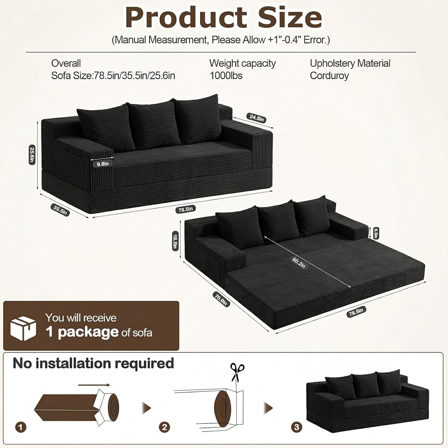 cidludto Convertible Sofa Bed, 78' Oversized Boneless Loveseat Couch 2 in 1 Foldable Futn Bed Couch in A Box, Folding Sleeper Sofa Chair for Living Room, No Assembly Required, Black