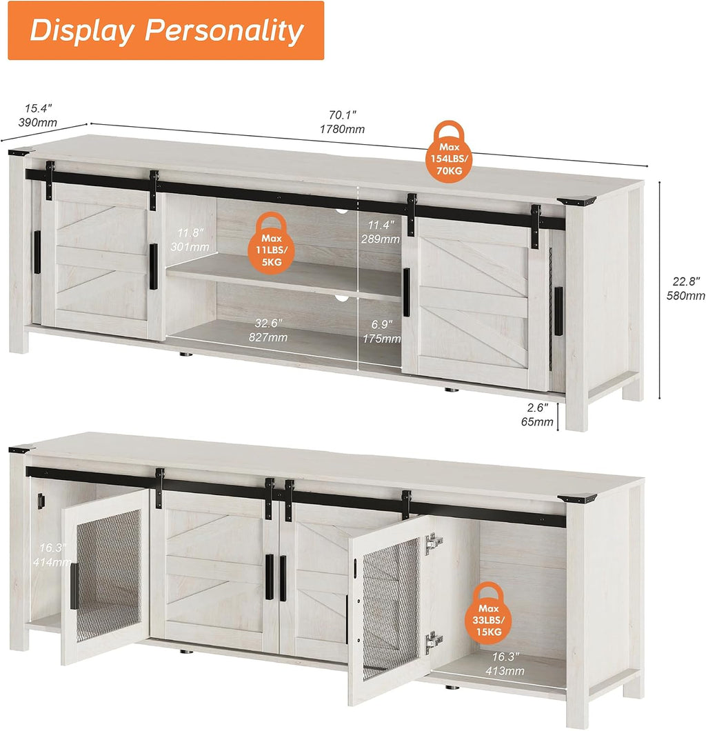 WAMPAT Farmhouse TV Stand for ups to 75 inch TV,Sliding Barn Door Entertainment Center Media TV Console Table with Storage Shelf for Living Room Bedroom, Antique White