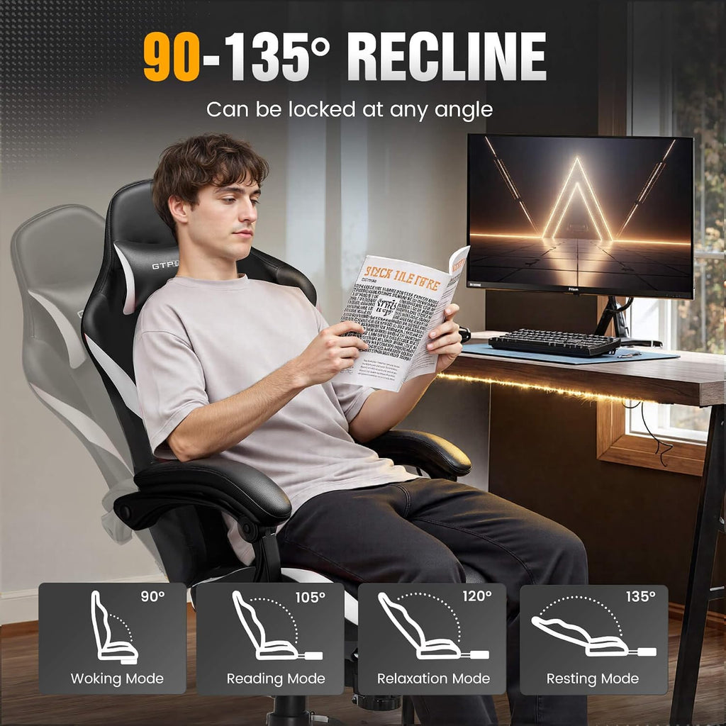 GTPLAYER Gaming Chair with Pocket Spring Cushion, Leather Office Chair with Ergonomic High Back & Lumbar Support for Back Pain Relief, Computer Game Chair for Adults, White/Black