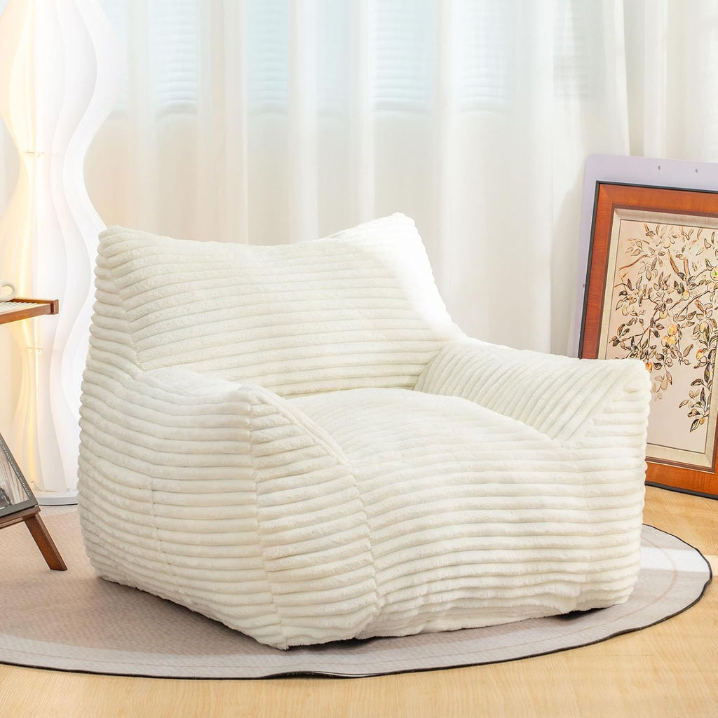 Bean Bag Chair for Adults, Comfy Corduroy Beanbag with Armrests, Lazy Sofa Floor Chair for Living Room, Bedroom, Dorm & Lounge, Cozy Fluffy Single Mini Couch (White)