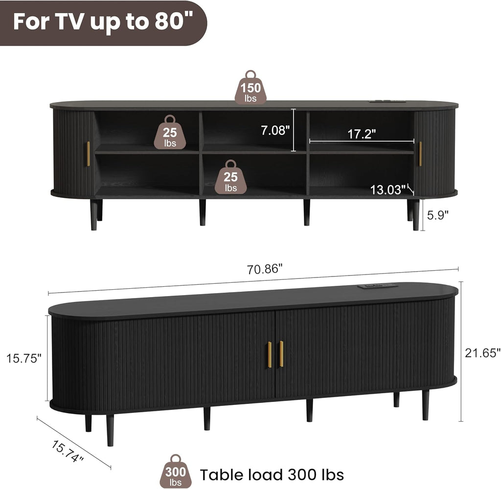 DHH 70.8 Inch Mid Century Modern TV Stand with Power Outlet for TVs up to 80 Inch, Entertainment Center with Storage and Adjustable Shelves, Media Console with Sliding Doors for Living Room, Black