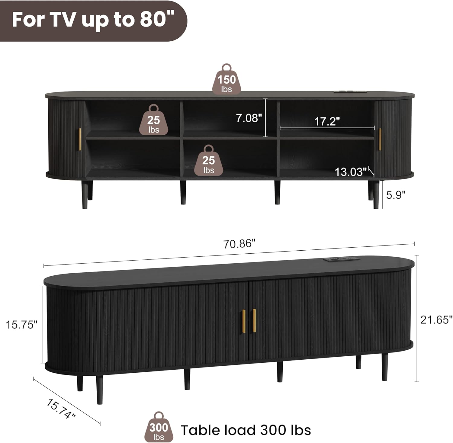 DHH 70.8 Inch Mid Century Modern TV Stand with Power Outlet for TVs up to 80 Inch, Entertainment Center with Storage and Adjustable Shelves, Media Console with Sliding Doors for Living Room, Black