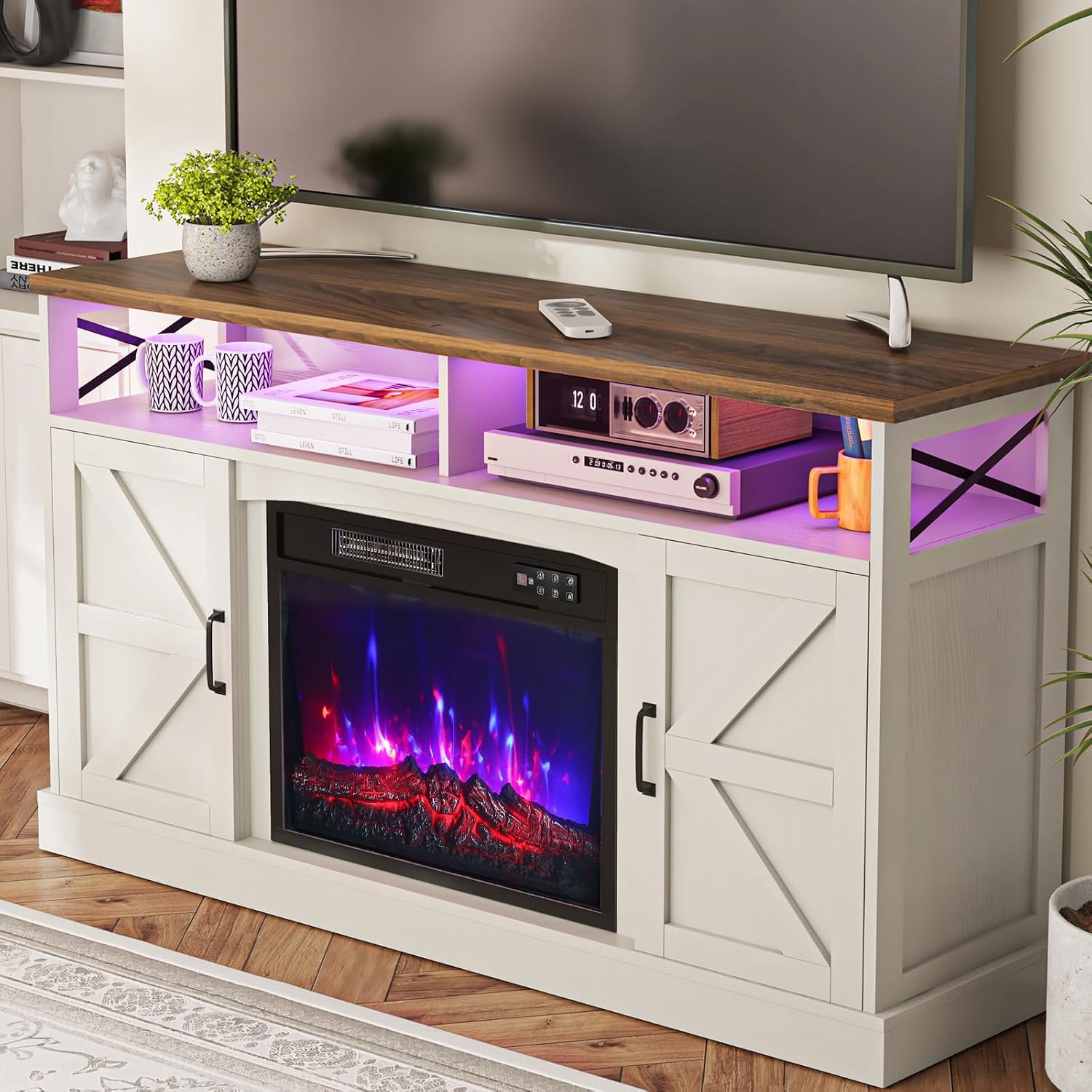 YGEOMER TV Stand with Fireplace, 59in Entertainment Center with LED Lights, for 65 inch TVs, with Opening Shelves and Storage Cabinets, for Living Room, White