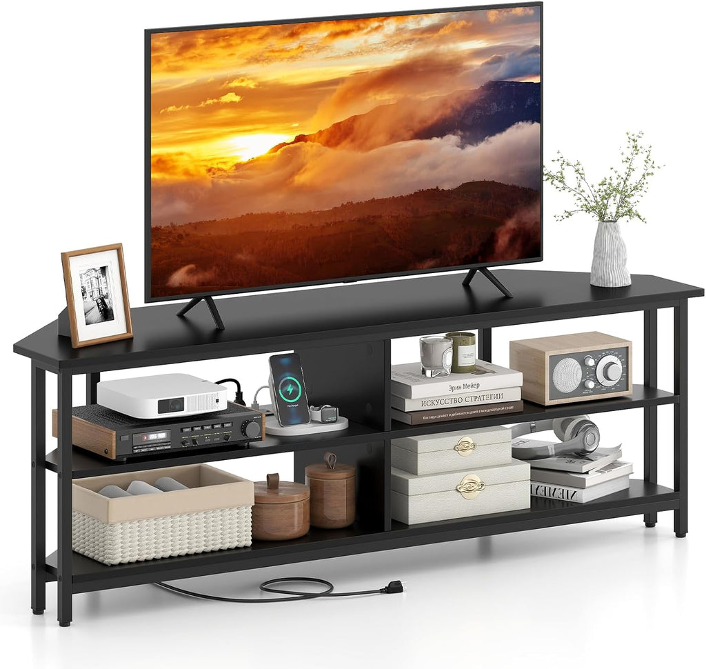 Giantex Corner TV Stand for 65 Inch TV, Modern Entertainment Center w/Power Outlet, Storage Shelves&Metal Frame, Media TV Console Table for Living Room, Bedroom, Small Spaces, Black