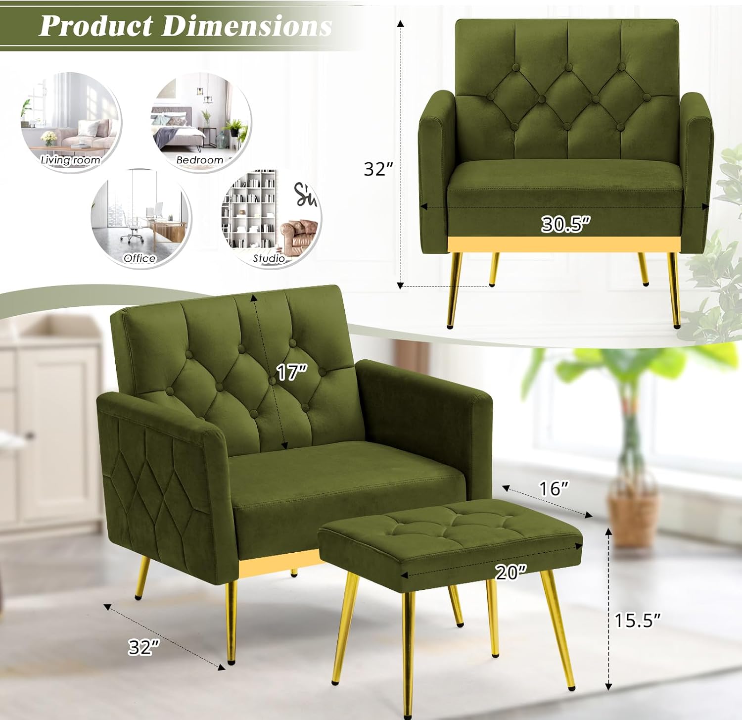 2 Pieces Velvet Sofa Set w/Adjustable Armrests and Backrests, Tufted Accent Chair w/Ottoman, Convertible Futon Sofa Bed for Bedroom, Living Room, Apartment, Olive Green
