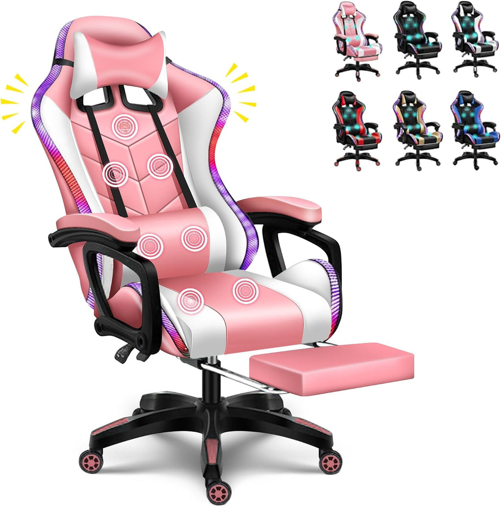 LED Gaming Chair Computer Gaming Chair with Bluetooth Speakers and RGB Lights Full Massager Gamer Chair Swivel Recliner Ergonomic Lumbar Support Video Game Chair for Adults Teens,Pink