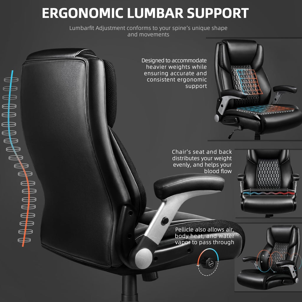 VITESSE 600lbs Big and Tall Office Chair with Flip up Armrest, Large Heavy Duty with Ergonomic Lumbar Support, Executive Office Chair for Heavy People with Quiet Rubber Wheel(Black)