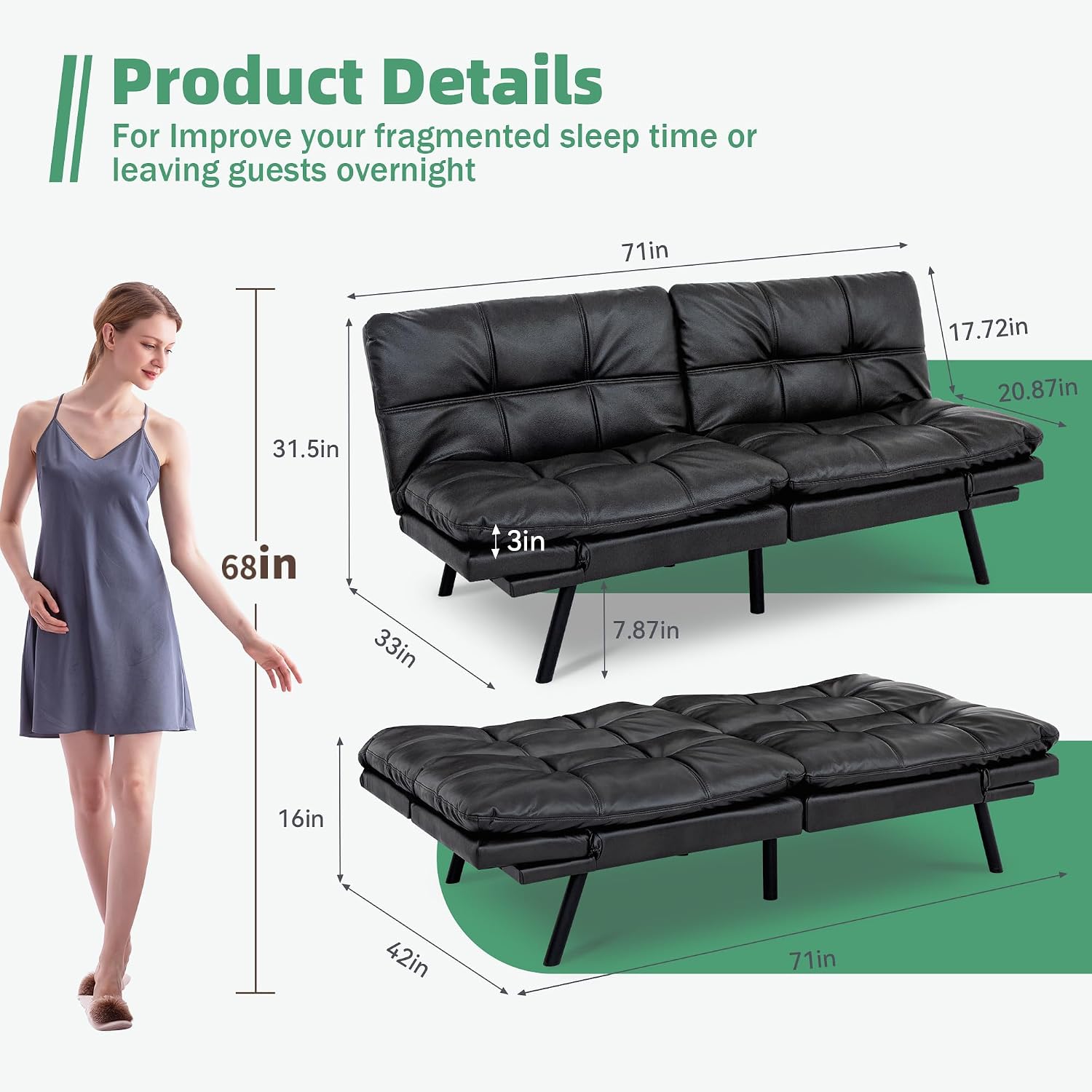 Opoiar 71' L Covertible Futon Sofa Bed,Faux Leather Futon Couch, Memory Foam Modern Loveseat Sleeper, Small Splitback Sofa Couches for Living Room,RV,Home Office,Apartment,Matte Black