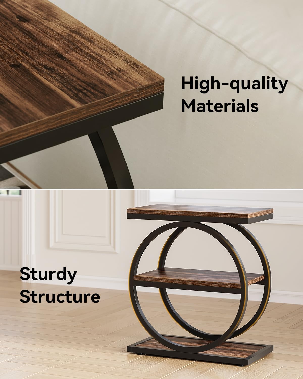 LITTLE TREE End Table Set 2, Side Table with 3 Tiers Shelves, Slim Sofa Side Table for Living Room, Tall Bedside Table Nightstand for Bedroom, Rustic Brown and Black
