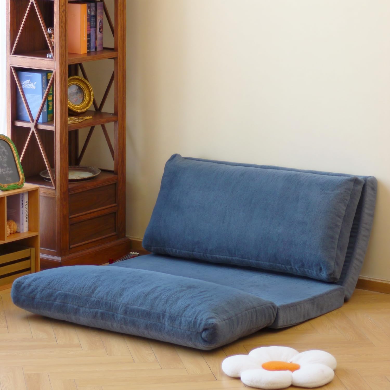 N&V Folding Matress Sofa Bean Bag Bed, Foam Filling Folding Matress Sofa, Includes Removable and Machine Washable Cover, Soft Premium Faux Fur (Medium, Blue)