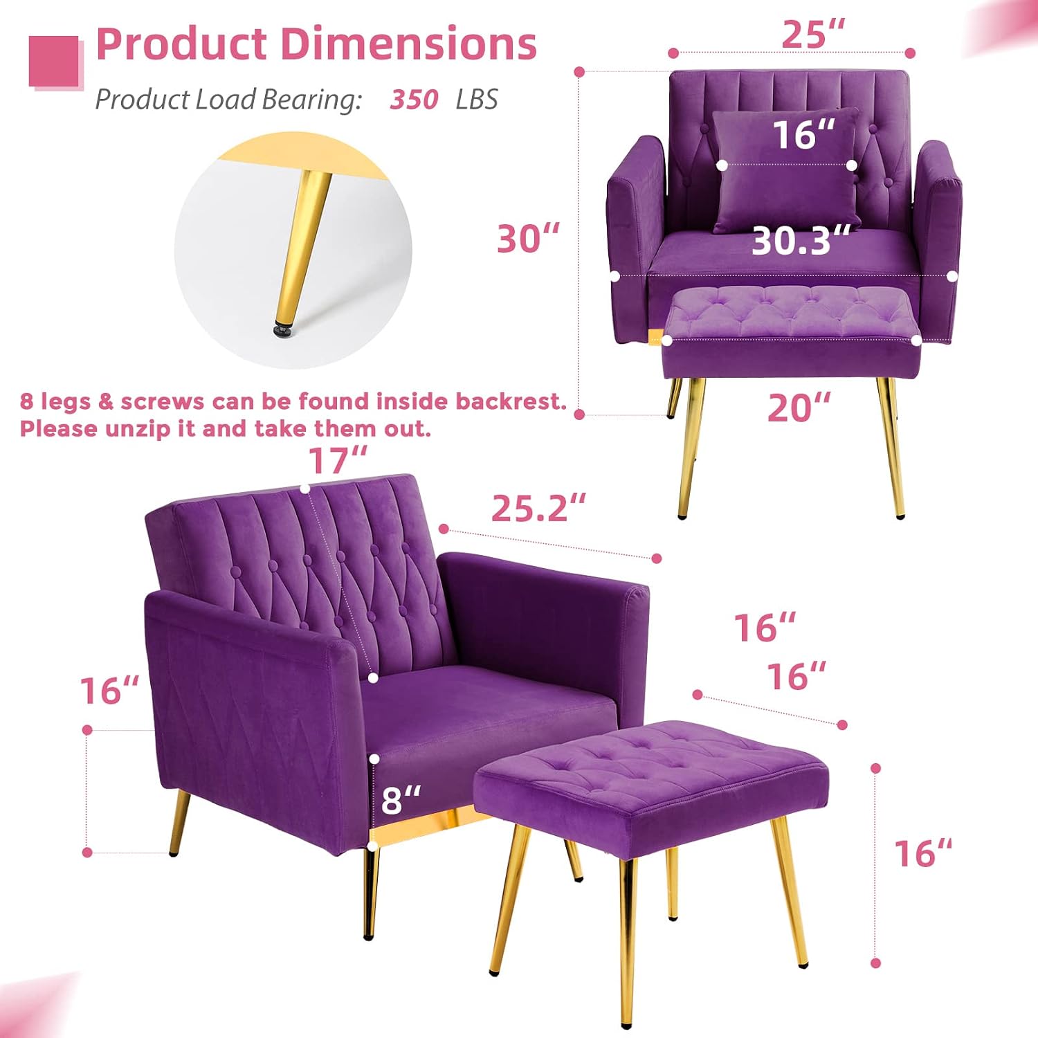 2 Pieces Velvet Sofa Set with Adjustable Armrest and Backrest, 70' Convertible Futon Sofa Bed & Mordern Accent Chair with Ottoman for Living Room, Bedroom, Purpel