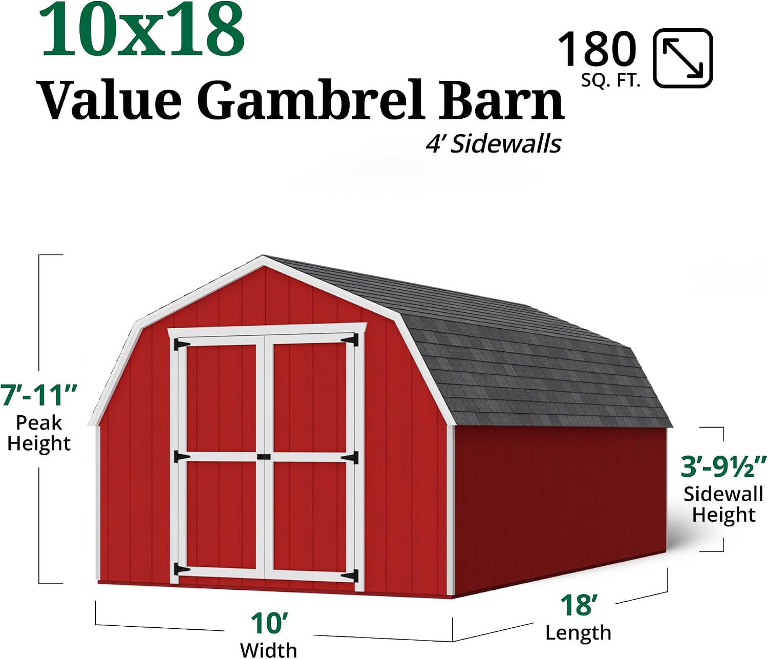 Little Cottage Co. 10x18 Value Gambrel Barn with 4 ft. Sidewalls with Floor, Outdoor Wood Storage Shed Do-It-Yourself Precut Kit