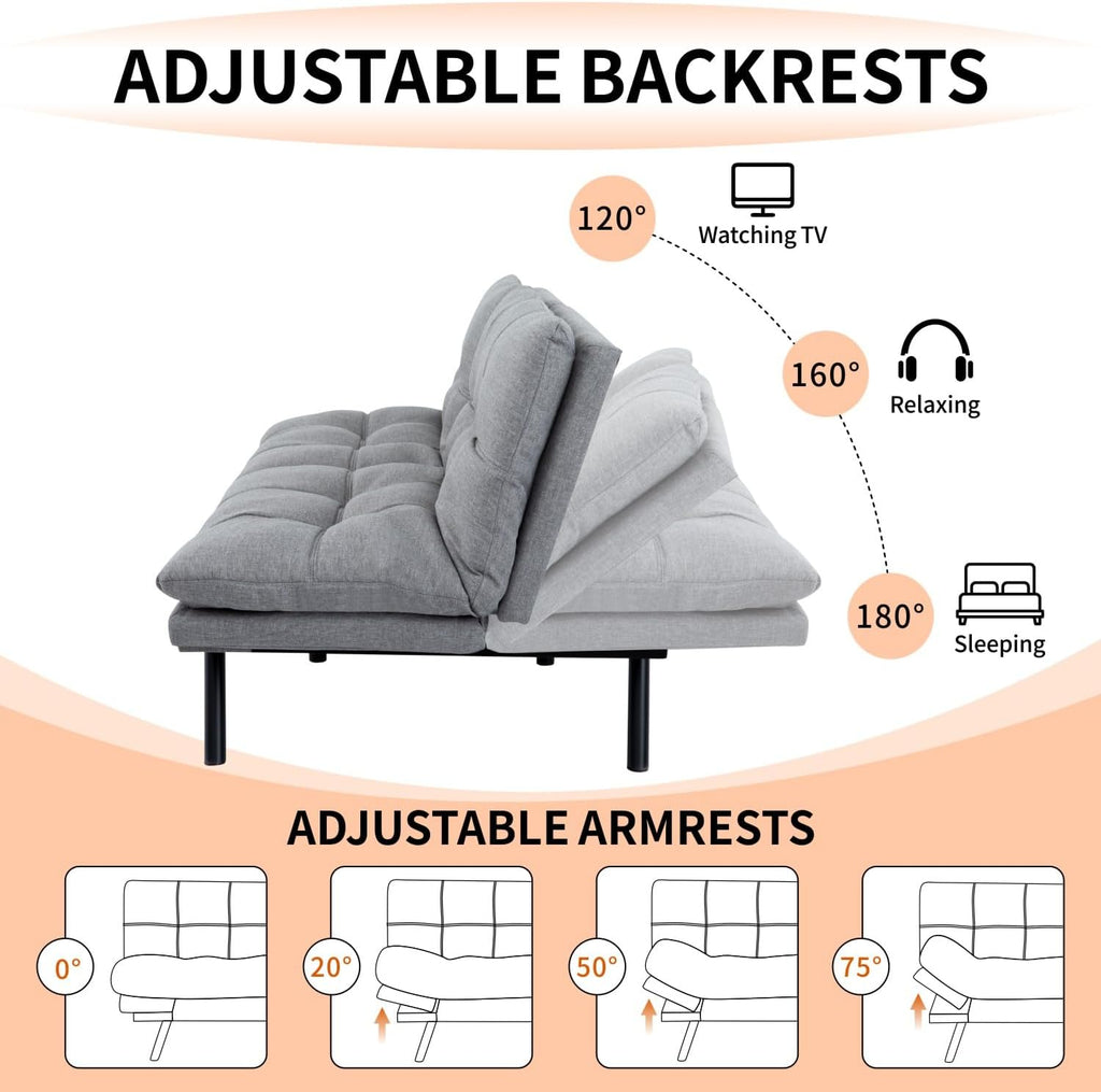 MUUEGM Futon Sofa Bed 71' Ash Convertible Memory Foam Futon Couch Bed Modern Loveseat Sleeper with Adjustable Backrests Armrests for Living Room,Small Space,Office