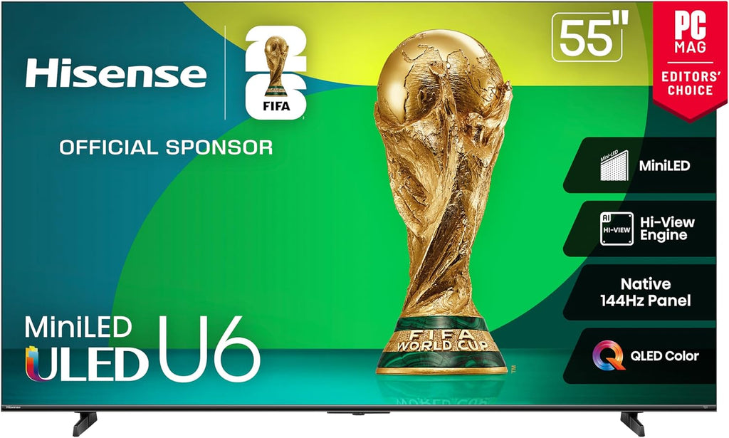Hisense 55' Class U6 Series Mini-LED 4K UHD Smart Fire TV (55U65QF, 2025 Model) - QLED, Native 144Hz, HDR10+, Dolby Vision IQ, Dolby Atmos, Game Mode Pro, ALLM, Alexa Built in, Black