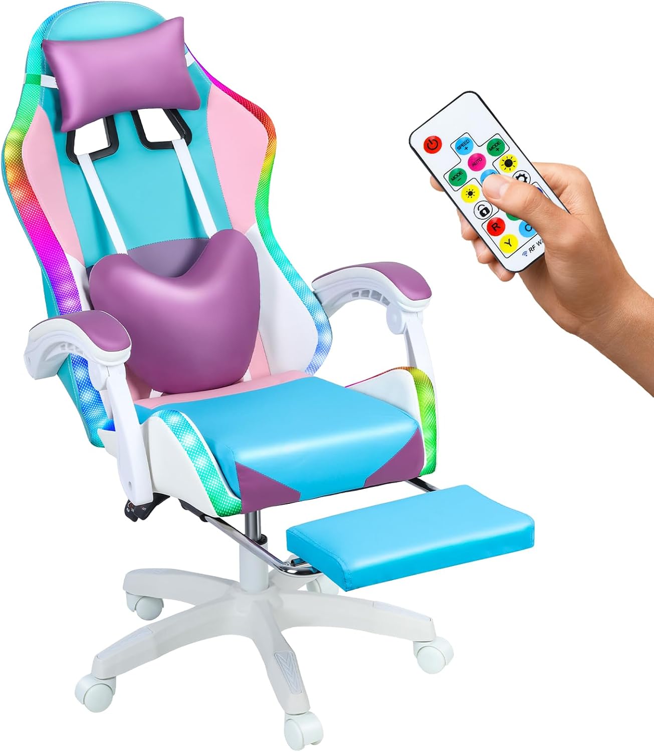 Gaming Chair with LED Lights, Gamer Chair with Height Adjustable, Ergonomic Massage Computer Gaming Chair with Footrest, Video Game Chair with Lumbar Support for Adults