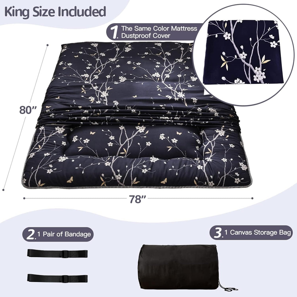 MAXYOYO Navy Floral Printed Japanese Floor Mattress Rustic Style Futon Mattress Foldable Bed Roll Up Camping Mattress Floor Lounger Bed Couches, King Size