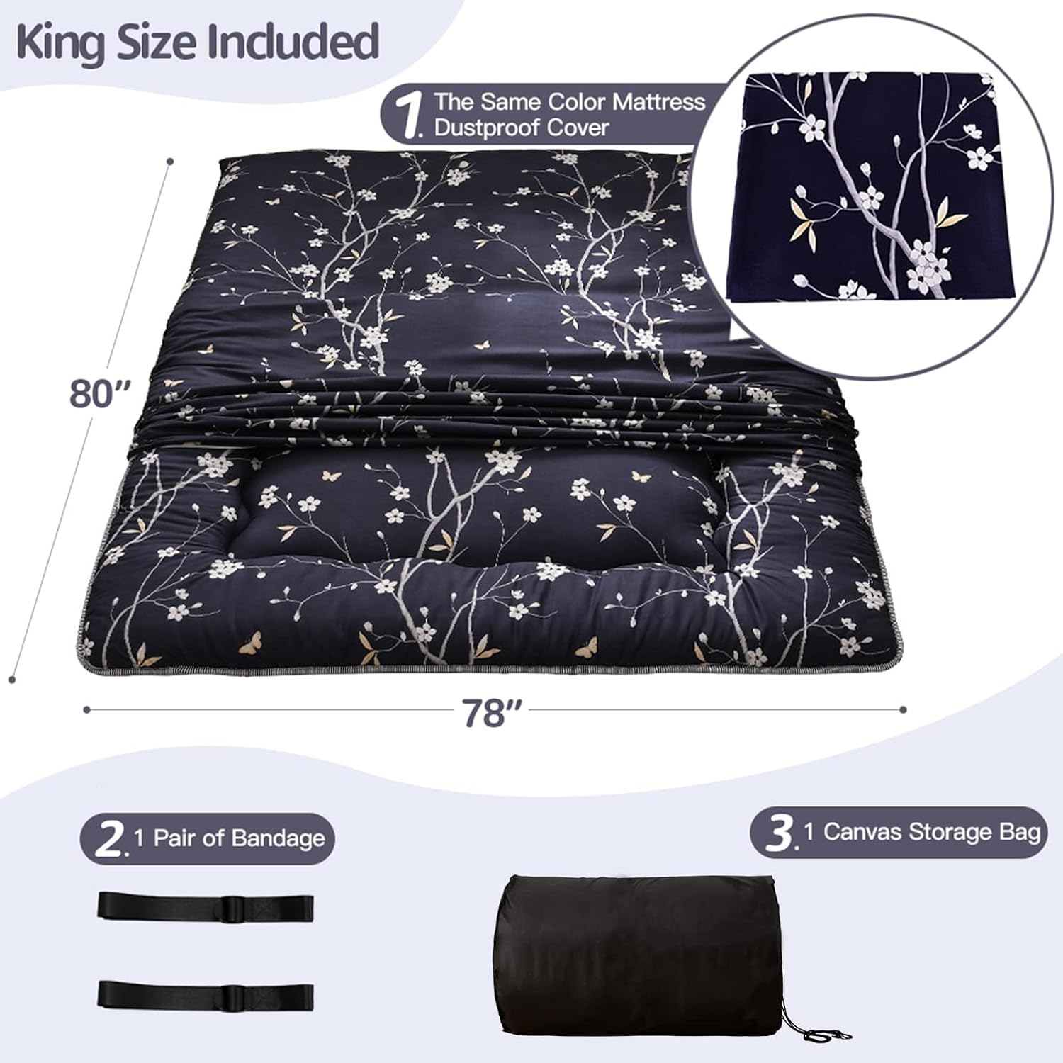 MAXYOYO Navy Floral Printed Japanese Floor Mattress Rustic Style Futon Mattress Foldable Bed Roll Up Camping Mattress Floor Lounger Bed Couches, King Size