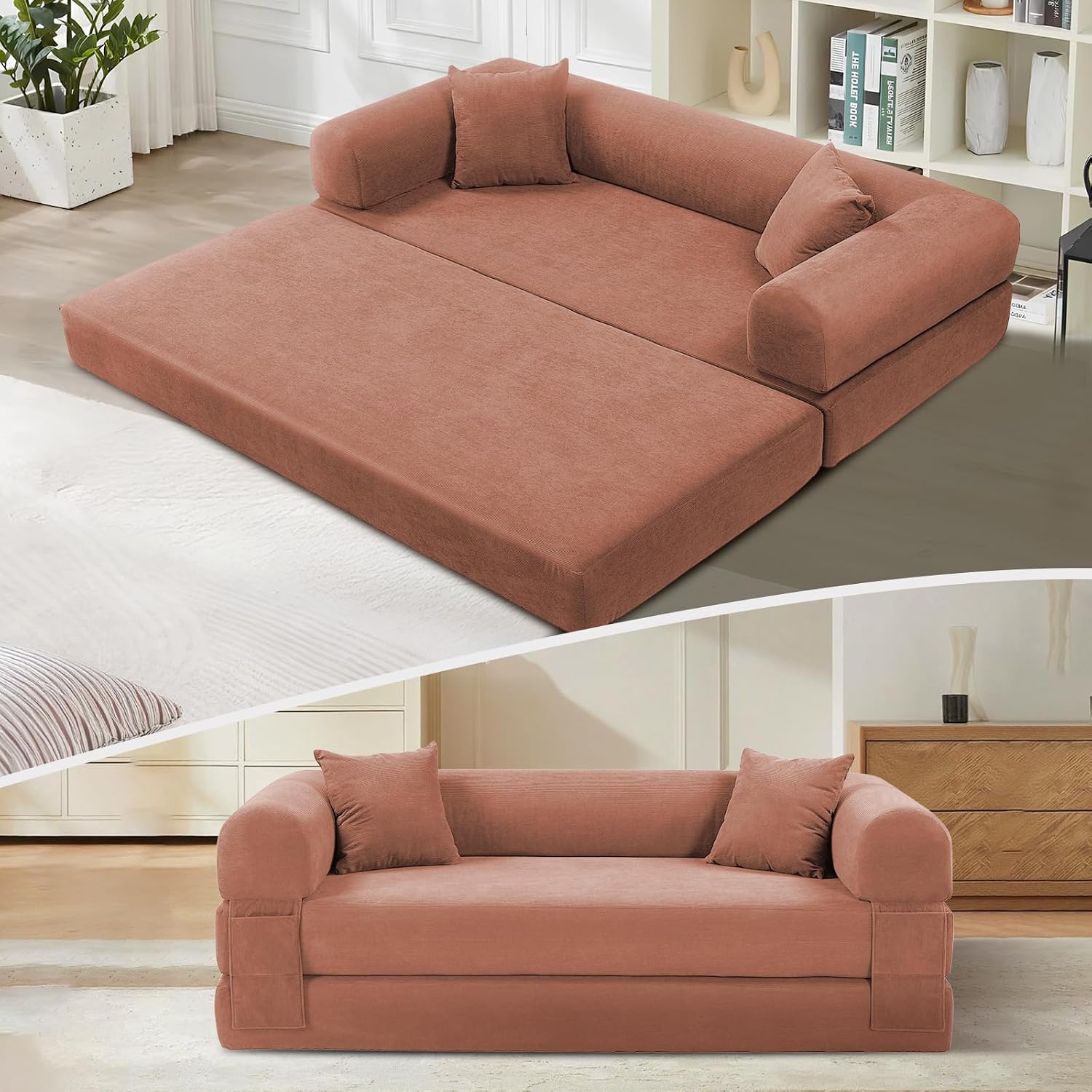 KBQ 3-Seat Convertible Sleeper Sofa Bed with 2 Pillows, Corduroy Folding Mattress Couch, Floor Sofa Lounge Couch for Living Room Bedroom Lounge Studio, Pink